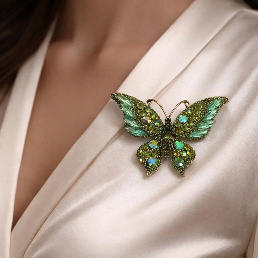 Green Crystal Butterfly Brooch - Elegant Women's Jewelry Large